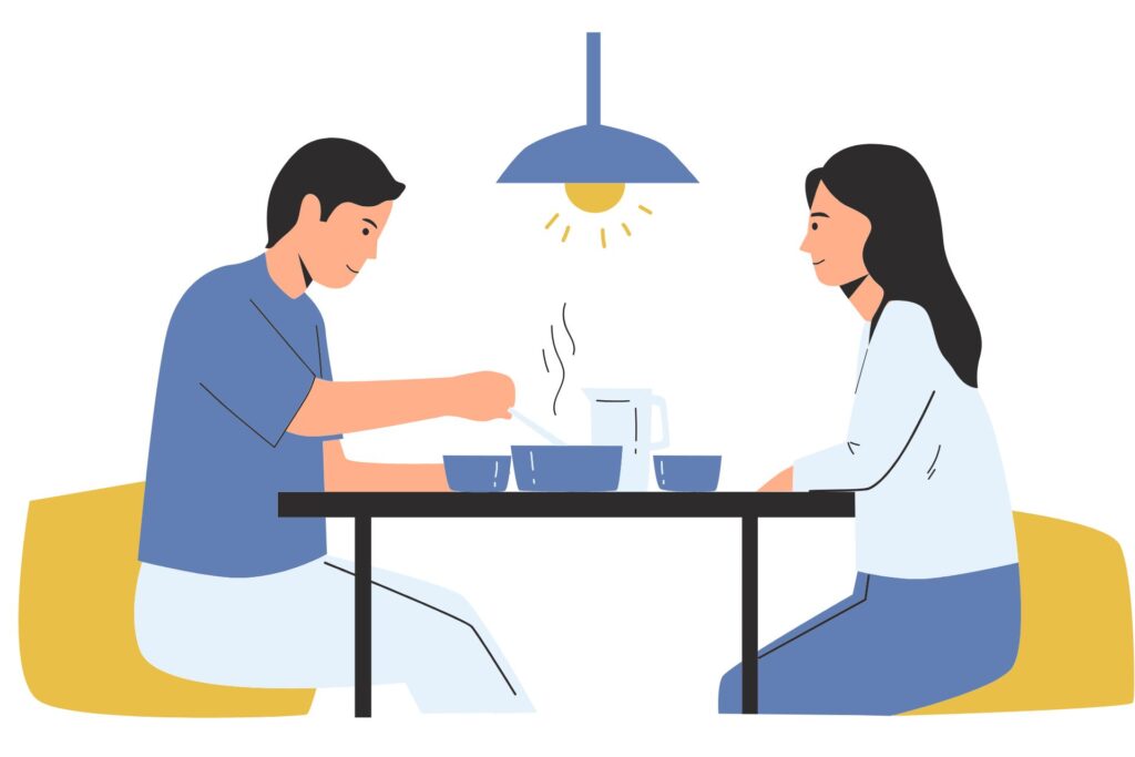 同じ食卓を囲んで一緒に食べる時間を大切にしているのを表している図