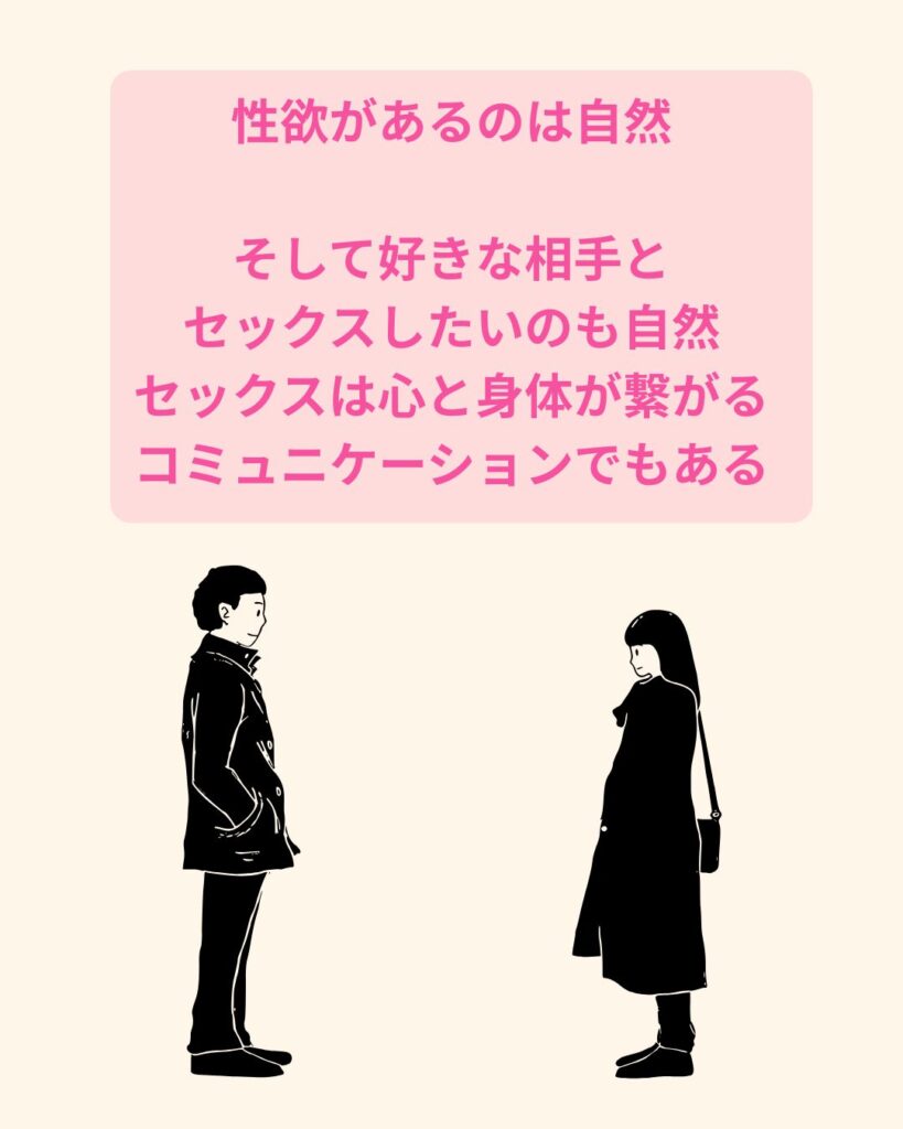 性欲があることが自然である。そのような内容と、男性と女性が向き合っている姿が見られる。